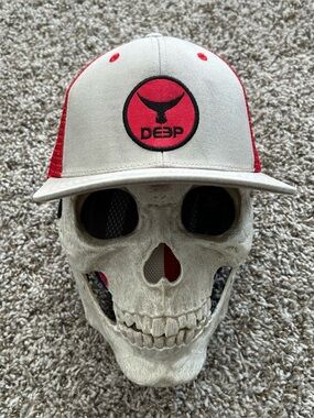 DEEP Ocean Apparel Fishing Snapback Trucker Hat Red Gray Whale Tail Logo